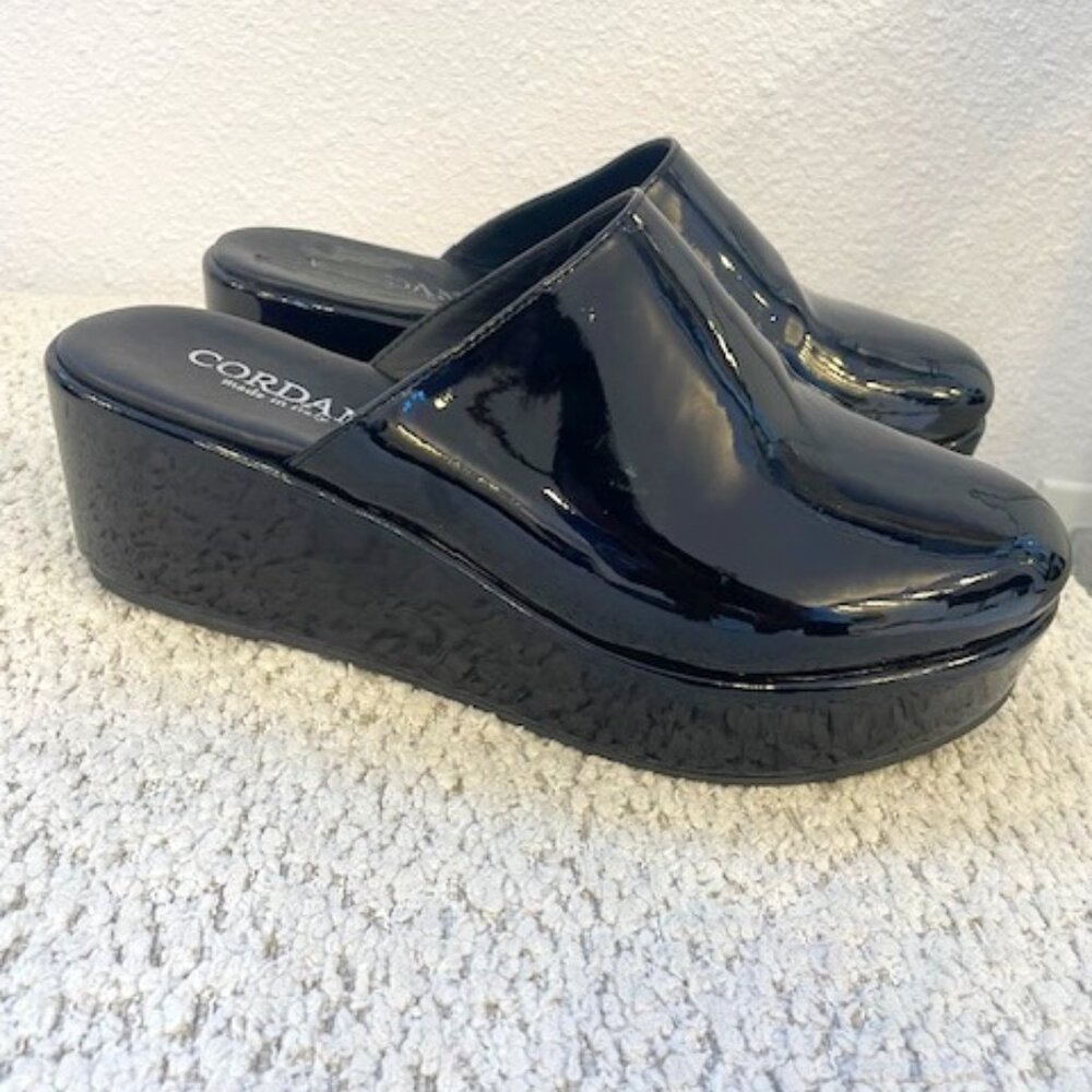 Cordani "Camryn" Black Patent Leather Platform Wedge Mule